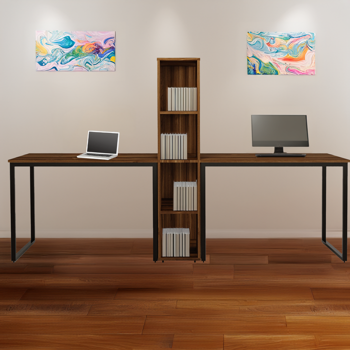 Double 95'' Wide Metal Frame Computer/Study Desk With Bookcase