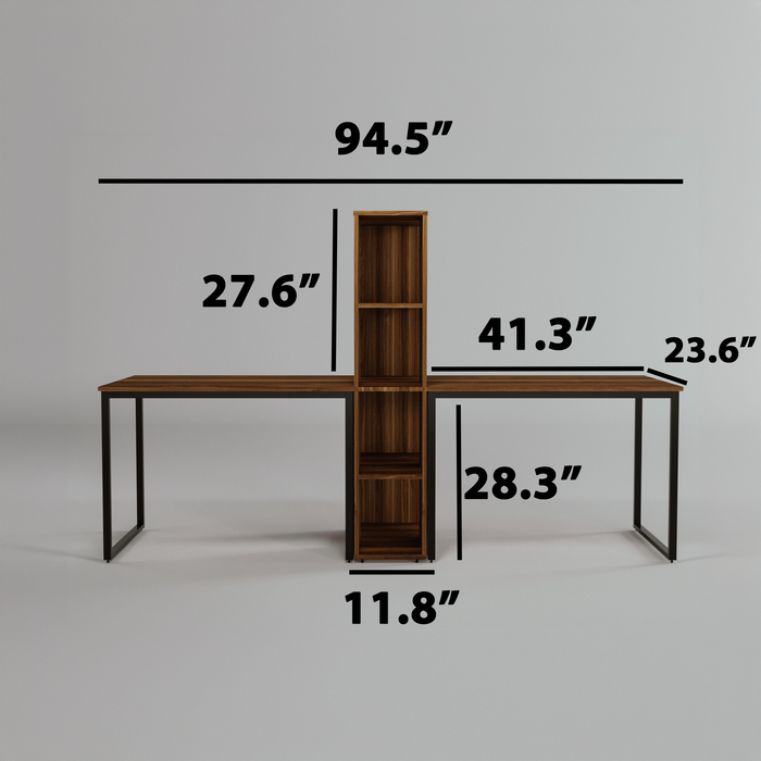 Double 95'' Wide Metal Frame Computer/Study Desk With Bookcase