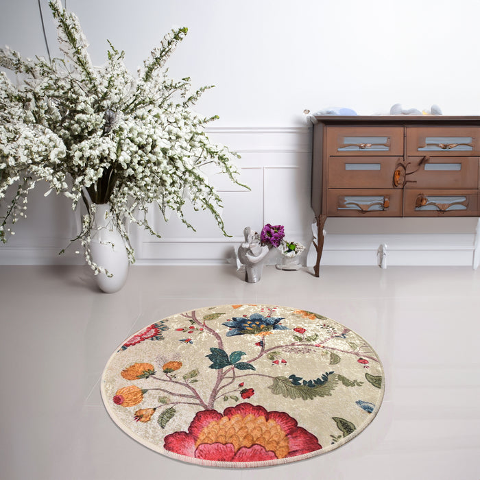 Stavanger Round Floral Machine Washable Rug